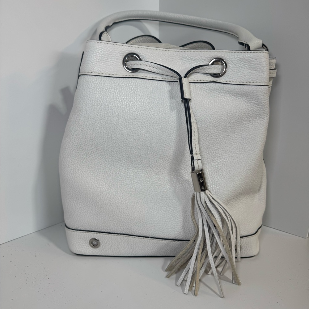 Milly White Hobo Bag with Tassels and Drawstring